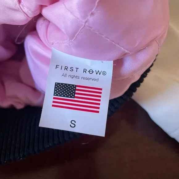 First Row Pen & Brush Cropped Varsity Jacket Pink White Patches Sz S - Picture 8 of 12